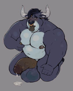 anthro areola balls barbell_piercing belly biceps big_balls big_penis blush blush_lines bodily_fluids deltoids drooling ear_piercing eyebrow_piercing facial_piercing genital_fluids genitals glans grey_background hair half-erect horn huge_balls huge_penis kneeling leaking_precum looking_pleasured male musclegut muscular muscular_anthro muscular_arms muscular_male navel nipple_barbell nipple_fetish nipple_piercing nipple_play nipples nose_piercing nose_ring nude pecs penis piercing precum ring_piercing saggy_balls saliva septum_piercing septum_ring simple_background solo tongue tongue_out trapezius triceps vein veiny_penis tcw bovid bovine cattle mammal 4:5 hi_res