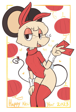 anthro bedroom_eyes breasts clothing cotton_tail cuffs_(clothing) eyewear female glasses heart_symbol holidays legwear narrowed_eyes one_piece_sweater rabbit_ears seductive short_sleeve_sweater small_breasts solo thigh_highs theartmanor chinese_new_year chinese_zodiac year_of_the_rabbit molte mammal murid murine rodent hi_res