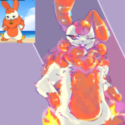 bell buckteeth chest_tuft dewlap_(anatomy) eyelashes fire flaming_body fur head_tuft long_ears one_eye_closed orange_body orange_fur pale_body pale_fur pupils_only red_eyes red_sclera semi-anthro solo teeth tuft whiskers cringeyfan dynamons kizi dynamon_(species) elemental_creature lagomorph lapinaf leporid mammal rabbit 1:1 2023 digital_media_(artwork) digital_painting_(artwork) painting_(artwork) reference_image