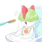 ambiguous_gender apple apple_sauce baby bib blush cutlery food fruit green_hair hair hair_over_eyes high_chair kitchen_utensils open_mouth plant simple_background solo spoon tools young komori nintendo pokemon generation_3_pokemon humanoid pokemon_(species) ralts 1:1