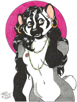 anthro areola biped black_body black_fur black_hair breasts casual_nudity ear_piercing ear_ring fangs female female_anthro front_view fur gloves_(marking) grey_arms grey_body grey_fur grey_tail hair jewelry long_hair looking_at_viewer markings multicolored_tail necklace nipples nude nude_anthro nude_female piercing pose ring_piercing small_breasts solo tail teeth text white_body white_fur white_tail yellow_eyes terrie_smith american_badger badger mammal mustelid musteline 2025 dated digital_drawing_(artwork) digital_media_(artwork) english_text handwritten_text portrait restricted_palette shaded signature simple_shading three-quarter_portrait