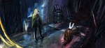 alley ambiguous_gender anthro blood bodily_fluids city cityscape corpse detailed_background outside raining tomtc dr_rabbit_(tomtc) natalia_(tomtc) canid canine canis domestic_dog lagomorph leporid mammal rabbit absurd_res hi_res painting_(artwork) traditional_media_(artwork)