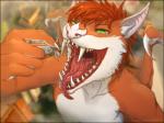 anthro barbed_tongue bodily_fluids duo extreme_size_difference fangs fur gaping_mouth green_eyes hair holding_character imminent_vore looking_up male male/male micro micro_in_hand mouth_shot open_mouth orange_body orange_fur orange_hair saliva saliva_string sharp_teeth size_difference teeth throat tongue tongue_out vore white_body white_fur themirth aerys bat canid canine canis mammal megabat wolf 4:3