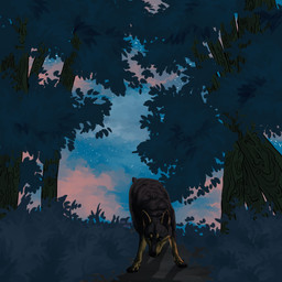 ambiguous_gender black_body black_fur black_nose blue_eyes cloud ear_piercing feral front_view fur industrial_piercing outside piercing plant shrub solo tan_body tan_fur text tree msdeadsoul canid canine canis domestic_dog mammal 1:1 2020 artist_name dated hi_res