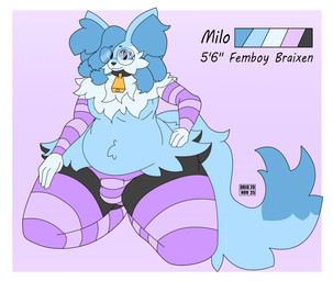 anthro arm_warmers armwear balls belly belly_tuft big_butt black_balls black_body black_collar black_fur black_legs blue_body blue_fur blue_hair blue_inner_ear_fluff blue_tail border bottomwear bulge butt cheek_tuft chest_tuft clothing collar cowbell dipstick_tail dreadlocks ear_tuft eye_through_hair eyebrows eyelashes eyewear facial_tuft femboy fluffy fluffy_tail front_view fur genital_outline genitals glasses gradient_background hair hand_on_hip hip_tuft horizontal_stripes huge_butt huge_thighs inner_ear_fluff kneeling legwear long_tail looking_at_viewer male markings moobs panties pattern_armwear pattern_bottomwear pattern_clothing pattern_legwear pattern_panties pattern_underwear pear-shaped_figure pink_arm_warmers pink_armwear pink_background pink_clothing pink_stockings pink_stripes pseudo_skirt simple_background slightly_chubby slightly_chubby_male smile smiling_at_viewer solo stockings striped_armwear striped_bottomwear striped_clothing striped_legwear striped_panties striped_underwear stripes tail tail_markings text thick_thighs thigh_highs translucent translucent_hair tuft underwear white_body white_border white_fur wide_hips drignov nintendo pokemon milo_(drignov) braixen generation_6_pokemon pokemon_(species) english_text hi_res model_sheet