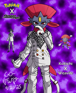 anthro checkered checkered_clothing claws clothing feathers kerchief male neckerchief neckwear pattern_clothing red_eyes smug_grin solo tail tail_feathers torn_clothing white_clothing go-two asian_mythology danganronpa danganronpa_v3 east_asian_mythology japanese_mythology mythology nintendo pokemon spike_chunsoft kokichi_oma generation_4_pokemon gulonine mammal mustelid musteline pokemon_(species) weavile wolverine yokai absurd_res hi_res