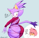 anthro asking asking_another asking_if_sure big_butt blush butt clothing cutaway dialogue duo expression_cutaway eyes_closed female fingers huge_butt open_mouth question simple_background solo_focus standing string_jumpsuit talking_to_another text thick_thighs yes-no_question kappa_spark meme_clothing sega sonic_the_hedgehog_(series) amy_rose blaze_the_cat eulipotyphlan hedgehog mammal 2023 digital_media_(artwork) english_text hi_res meme