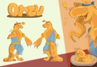3_claws 3_fingers accessory ambiguous_gender anthro basin blue_accessory blue_toga clasp claws clothing droplets exclamation_point eyeless feet fingers front_view girdle kerchief kerchief_on_ear long_tail long_tongue no_eyebrows no_eyelashes orange_arms orange_back orange_body orange_ears orange_feet orange_goo orange_head orange_legs orange_slime orange_tail orange_toes orange_tongue orange_torso rear_view simple_background slime slimy_tongue smile solo tail text toga tongue tongue_out yellow_accessory zigzag_mouth itsdahexo orzu_(itsdahexo) goo_creature character_name hi_res model_sheet signature