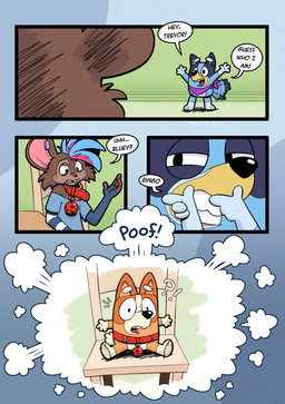 age_regression blue_body blue_eyes blue_fur brown_body brown_fur buckteeth character_transformation fur gender_transformation kerchief markings mtf_transformation orange_body orange_fur poof_transformation pupils speech_bubble sudden_transformation teeth text transformation whisker_markings wordplay trevor-fox bluey_(series) bingo_heeler bluey_heeler trevor-fox_(character) canid canine canis domestic_dog mammal mouse murid murine rodent comic hi_res nonbinary_(lore)