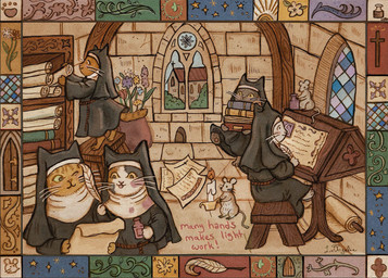 anthro biped black_body black_fur book border brown_body brown_fur calico_pattern candle clear_sky clothing convent decorative_border digitigrade female fur glass_window group holding_book holding_object holding_paper holding_scroll ink_pen inside looking_at_another loose_feather medieval mouse_hole nun nun_habit orange_body orange_fur paper pawpads plant_pot quill reading_scroll religious_clothing scribbles shelving sitting sky standing_on_stool struggling text whiskers white_body white_fur writing_text luxangelae calico_cat domestic_cat felid feline felis mammal murid murine rat rodent 2026 english_text hi_res signature