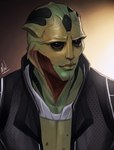 abstract_background black_eyes black_sclera black_stripes clothed clothing male scales simple_background smile solo stripes merwild bioware electronic_arts mass_effect thane_krios alien alien_humanoid animal_humanoid drell humanoid reptile reptile_humanoid scalie scalie_humanoid