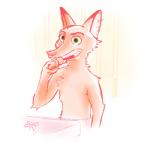 anthro brush canid canine clothed clothing disney fox fur green_eyes hi_res male mammal nick_wilde orange_body orange_fur red_fox seasaltlime sink solo toothbrush topless towel towel_only true_fox zootopia