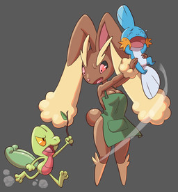ambiguous_gender anthro apron bodily_fluids breasts clothing crying female group holding_another simple_background stick tears thepicklemaxxer nintendo pokemon generation_3_pokemon generation_4_pokemon lopunny mudkip pokemon_(species) treecko 2024 absurd_res hi_res