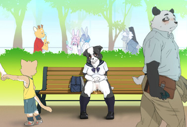 anthro antlers bag bench black_body black_fur black_nose blue_body blue_fur blush bodily_fluids bottle bottomless breasts brown_eyes bulge clock clothed clothing container electronics embarrassed exhibitionism exposure_to_minor female footwear fur genital_fluids genitals grass grey_body grey_fur group hair hand_holding headphones horn legwear male on_bench orange_body orange_fur outside park pink_body pink_fur plant presenting presenting_vulva public shoes sitting socks sweat tree vaginal_fluids vulva watch white_body white_fur white_hair young young_anthro haganedon bear border_collie canid canine canis collie deer domestic_cat domestic_dog felid feline felis giant_panda herding_dog lagomorph leporid mammal pastoral_dog rabbit sheepdog wolf hi_res