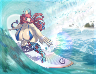 5_fingers 5_toes accessory anthro anthrofied areola areola_slip athletic athletic_anthro athletic_female bandage beach big_breasts bikini blush breasts building clothed clothing day feet female fingers hair hair_accessory hair_bun hairpin huge_breasts leaning leaning_forward non-mammal_breasts one-piece_swimsuit pink_hair pokemorph sea seaside sling_bikini solo sport surf surfboard surfer surfing swimwear thick_thighs toes two-piece_swimsuit wardrobe_malfunction water wet wet_body wet_skin expand-blurples among_us_pareidolia nintendo pokemon elizabeth_(megustalikey) aquatic generation_3_pokemon milotic pokemon_(species) hi_res