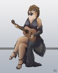 acoustic_guitar anthro breasts clothed clothing dress feathers female female_anthro footwear guitar guitarist high_heels musical_instrument neck_tuft non-mammal_breasts plucked_string_instrument pose shoes sitting solo string_instrument tail tail_feathers tuft halu accipitrid accipitriform avian bird eagle philippine_eagle 2022 hi_res signature