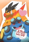 ambiguous_gender blush duo fire flaming_hair flaming_mane heart_symbol looking_at_viewer male pseudo_hair pseudo_mane text tekimi nintendo pokemon emboar generation_5_pokemon pokemon_(species) seismitoad english_text