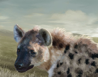 black_nose black_spots blue_sky brown_eyes cloud cloudy_sky feral fur grass markings plant quadruped sky solo spots spotted_body spotted_fur tan_body tan_fur mihin89 cave_hyena hyena mammal prehistoric_species spotted_hyena 2018