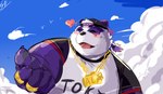 anthro backwards_baseball_cap backwards_hat baseball_cap blush braided_hair braided_ponytail clothing eyes_closed fur hair hat headgear headwear heart_symbol jewelry male necklace overweight overweight_male ponytail purple_body purple_fur queue_(hairstyle) shirt smile solo t-shirt topwear tengzai05 lifewonders tokyo_afterschool_summoners alp_(tas) bear giant_panda mammal hi_res