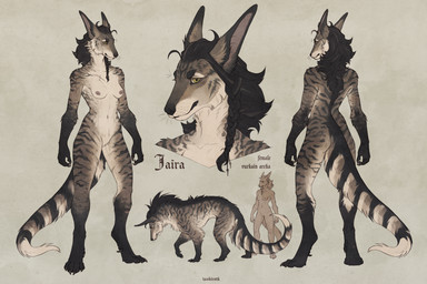 black_body black_fur black_hair braided_hair breasts brown_body brown_fur fantasy female feral front_view fur green_eyes hair long_ears long_tail mane messy_hair nude nude_anthro nude_female rear_view scar simple_background small_breasts solo striped_body stripes tail tan_body tan_fur text vurkain white_body white_fur tashiroth canid canine canis hybrid mammal wolf 3:2 absurd_res digital_media_(artwork) english_text full-length_portrait headshot_portrait hi_res model_sheet portrait