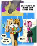 anthro bottomwear breast_squish breasts breasts_frottage clothed clothing dialogue exclamation_point eyes_closed female fur gloves green_eyes hair handwear pink_body pink_fur pink_hair shorts sport squish text volleyball volleyball_court sandunky sega sonic_the_hedgehog_(series) amy_rose cheese_the_chao cream_the_rabbit marine_the_raccoon chao_(sonic) eulipotyphlan hedgehog lagomorph leporid mammal procyonid rabbit raccoon 4:5 absurd_res comic english_text hi_res