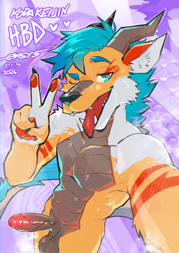 2_horns 5_fingers anthro balls black_claws blue_eyes blue_hair bodily_fluids claws erection fangs fingers foreskin genitals gesture hair hand_gesture happy_birthday high-angle_view horn humanoid_genitalia humanoid_penis looking_at_viewer male nude one_eye_closed open_mouth pawpads penis pupils red_pawpads red_pupils selfie snout solo sweat tail tail_tuft teeth tongue tongue_out tuft v_sign wink winking_at_viewer exsys mythology dragon eastern_dragon mythological_creature mythological_scalie scalie 2026 dated