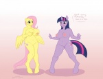 2012 anthro anthrofied big_breasts breasts cutie_mark dialogue duo english_text equid equine feathered_wings feathers female fluttershy_(mlp) friendship_is_magic fur genitals hair hasbro horn huge_breasts mammal multicolored_hair my_little_pony mythological_creature mythological_equine mythology navel nude pegasus purple_body purple_fur purple_hair pussy revadiehard tail text twilight_sparkle_(mlp) two_tone_hair unicorn wings yellow_body yellow_feathers