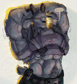 abs anthro armpit_hair beard belt belt_buckle body_hair bottomwear buckle bulletproof_vest clothing ellipsis emanata explosives facial_hair fur grenade grey_body grey_fur hands_behind_head happy_trail horizontal_pupils horn male muscular muscular_anthro muscular_male musk musky_armpit musky_body navel pants pubes pupils scut_tail short_tail simple_background solo speech_bubble spikes tail text weapon yellow_eyes its_coldpizza epic_games fortnite the_goat_(fortnite) bovid caprine goat mammal 2026 absurd_res artist_name hi_res signature