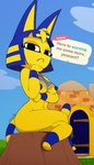 anthro breasts clothing crossed_legs egyptian egyptian_clothing female frown looking_at_viewer mostly_nude sitting solo text omeyega animal_crossing nintendo ankha_(animal_crossing) domestic_cat felid feline felis mammal english_text hi_res