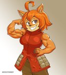 ahoge anthro biceps breasts female flexing fur gradient_background hair muscular muscular_anthro muscular_arms muscular_female orange_body orange_fur orange_hair simple_background solo neroscottkennedy dog_knight_rpg maci_(ceehaz) canid canine canis domestic_dog mammal pomeranian spitz 2022