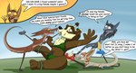 anthro brown_body brown_fur dialogue female force_feeding forced fur group open_mouth outside sitting smile text valsalia out-of-placers rush_eloc_(rusheloc) badger mammal mustelid musteline yinglet 2017 digital_media_(artwork) english_text