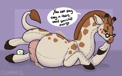 abdominal_bulge belly big_belly bloated blush breasts brown_mane brown_spots dialogue eyewear eyewear_only female feral fur glasses glasses_only hooves horn mane motion_lines nude plushie purple_background seam_(sewing) simple_background solo speech_bubble spots tan_body tan_fur teats text udders vore wearing_glasses symrea amahle_(carnal_creatures) animate_inanimate giraffe giraffid living_plushie mammal 16:10 english_text widescreen