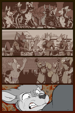 anthro belt bodily_fluids breasts building claws clothed clothing crowd crying female fluffy fluffy_tail food gesture group gums happy house kerchief kitchen laugh male military_uniform nude pawpads plant smile tail tattoo tears teeth topless tree uniform waving yongue rick_griffin ideka orodachi canid canine canis mammal wolf 2:3 hi_res monochrome father_(lore) mother_(lore) parent_(lore)