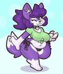 anthro belly big_breasts bottomless breasts clothed clothing collar crop_top curvy_figure dessert doughnut female fluffy fluffy_tail food fur green_eyes hair heart_symbol holding_donut looking_at_viewer medium_hair one_eye_closed panties pantsless pantsless_anthro pantsless_female pastry paws purple_body purple_fur purple_hair ring_piercing shirt shirt_only slightly_chubby slightly_chubby_anthro slightly_chubby_female smile solo standing tail thick_thighs topwear topwear_only underwear white_body white_fur wide_hips wink winking_at_viewer leo_llama kris_(krisispiss) canid canine canis mammal wolf 2022 digital_media_(artwork)