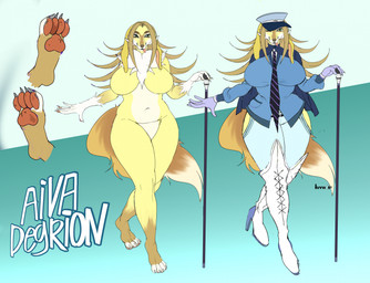 accessory anthro big_breasts blonde_hair blue_clothing blue_jacket blue_suit blue_topwear boots bottomwear breasts cheek_tuft chest_tuft clothed clothed_anthro clothing coat denim denim_bottomwear denim_clothing eyebrows facial_tuft female floppy_ears footwear gloves green_eyes hair hand_tuft handwear hat headgear headwear high_heeled_boots high_heels jacket jeans knee_boots knee_highs legwear military_cap neck_tuft necktie nude_anthro pants pattern_necktie pawpads paws shoes smile solo spots spotted_pawpads striped_necktie suit thick_eyebrows tongue tongue_out topwear tuft walking_stick white_boots white_clothing white_footwear wide_hips yellow_body ivywoof aiva_degrion canid canine canis domestic_dog mammal hi_res model_sheet