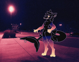 anthro digitigrade furgonomic_piercing furgonomics looking_at_viewer male multicolored_body night parking_lot photo_background piercing solo standing vendible otomo_(vendible) aquatic fish shark 2025 digital_media_(artwork) hi_res photography_(artwork)