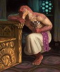 anthro arm_on_leg barefoot bottomwear chair claws clothing coat_of_arms container covering covering_mouth covering_own_mouth covering_self cup curtains feet furniture goblet holy_grail humanoid_feet kneeling male markings medieval medieval_clothing medieval_fantasy orange_markings ornate_floor painting plantigrade red_body red_scales sash scales shirtless_male solo throne throne_room white_bottomwear white_clothing window dyna_soar arthurian_legend percival dinosaur hadrosaurid maiasaura ornithischian ornithopod prehistoric_species reptile scalie 2022 hi_res signature