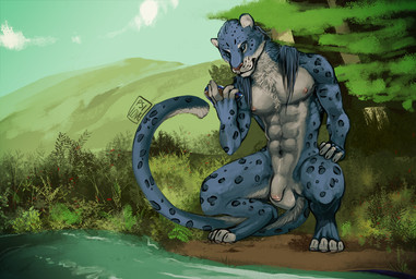 abs anthro balls blue_body blue_eyes blue_fur blue_hair butt countershade_balls countershade_butt countershade_face countershade_genitalia countershade_neck countershade_tail countershade_torso countershading crouching detailed_background flaccid fur genitals grass grey_body grey_fur grey_penis hair holding_object humanoid_genitalia humanoid_penis long_hair male male_anthro markings muscular muscular_anthro muscular_male neck_tuft nipples nude nude_anthro nude_male outside pecs penis plant solo spots spotted_body spotted_fur tail tuft water i-psilone blue_panther_(character) felid mammal pantherine snow_leopard 2018