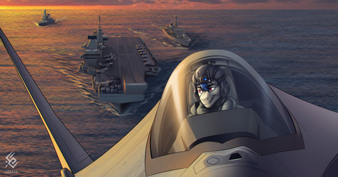 aircraft aircraft_carrier airplane anthro armor blue_hair clothed clothing cloud front_view grey_clothing grey_topwear hair headgear helmet jet logo male male_anthro outside red_eyes ship sky smile solo text topwear vehicle warship water watercraft white_body cereus93 mythology saryn_(srinon) dragon mythological_creature mythological_scalie scalie artist_logo artist_name hi_res