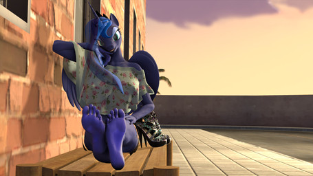 5_toes afternoon anthro arm_support bedroom_eyes bench blue_body blue_fur clothed clothing countershade_feet countershade_hands countershading crown ethereal_hair ethereal_mane feet female foot_fetish footwear fur greek_toe green_eyes hair headgear high_heels horn humanoid_feet leaning_on_elbow leaning_on_wall long_hair looking_at_viewer narrowed_eyes nipple_outline on_bench outside plantigrade pseudo_hair pseudo_mane seductive shoes smile soles solo sunset tiara toes wings anonymous_artist third-party_edit friendship_is_magic hasbro my_little_pony mythology princess_luna_(mlp) equid equine mammal mythological_creature mythological_equine winged_unicorn 16:9 3d_(artwork) digital_media_(artwork) hi_res photo_manipulation source_filmmaker_(artwork) widescreen