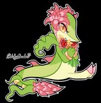 female feral flower flower_(anatomy) flower_tail ginger green_body green_skin head_flower holding_flower holding_object looking_at_viewer pink_body pink_skin plant plant_tail simple_background sitting smile solo yellow_eyes sketchygarden nintendo pokemon fan_character generation_5_pokemon pokemon_(species) snivy alpha_channel hi_res