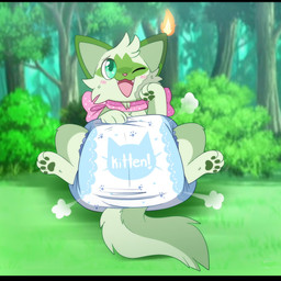 4_fingers 4_toes ambiguous_gender blush blush_lines bow_accessory bow_ribbon clean_diaper clothed clothing cloud_emanata cute_fangs diaper diaper_puff emanata facial_markings fangs feet feral fingers fire forest forest_background front_view fur grass green_body green_fur green_pawpads green_tail hand_on_diaper head_markings heart_symbol lying markings nature nature_background neck_bow on_back one_eye_closed open_mouth open_smile pawpads pink_bow pink_nose plant shrub smile solo spotted_accessory spotted_bow tail teeth text toes touching_diaper tree wearing_diaper jupiters nintendo pokemon smolder_(burritokitten) generation_9_pokemon pokemon_(species) sprigatito english_text full-length_portrait hi_res letterbox portrait