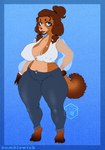 accessory anthro areola_outline belly big_breasts black_lips blue_background blue_eyes bottomwear breasts brown_body brown_fur brown_hair brown_tail cleavage clothed clothing crop_top curled_tail deep_navel denim denim_bottomwear denim_clothing female fingers fur hair hair_accessory hair_tie heart_symbol huge_thighs jeans lips looking_at_viewer midriff navel nipple_outline open_mouth pants pear-shaped_figure piercing_outline potbelly puffy_sleeves shirt simple_background solo standing tail teeth thick_thighs tight_bottomwear tight_clothing tight_pants topwear translucent translucent_clothing wide_hips bumblewish_(artist) mocha_(bumblewish) canid canine canis domestic_dog mammal poodle toy_dog toy_poodle 2022 digital_drawing_(artwork) digital_media_(artwork) hi_res watermark