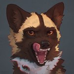 female feral fur fur_markings grin licking licking_lips looking_at_viewer markings mouth_shot open_mouth simple_background smile solo teeth tongue tongue_out wintemare venus_(wintemare) african_wild_dog canid canine mammal colored digital_media_(artwork) portrait