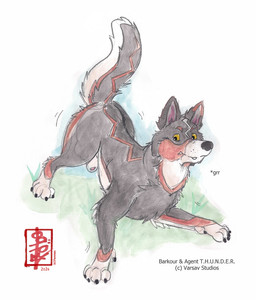 action_pose animal_genitalia feral genitals male motion_lines paws pose raised_tail sheath shepherd solo standing tail text fennec_(artist) barkour agent_thunder_(barkour) canid canine canis domestic_dog mammal english_text