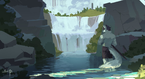anthro black_bottomwear black_clothing black_hair black_nose black_pants bottomwear clothed clothing fur grey_body grey_ears grey_fur grey_tail hair male muscular muscular_anthro muscular_male outside pants plant rear_view rock short_hair shrub solo tail topless unsigned waterfall awaldkize canid mammal hi_res