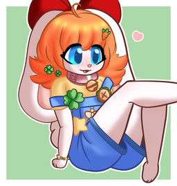 accessory anthro bell bow_ribbon clothing collar female hair_accessory overalls sitting solo young eebeestoof vtuber lagomorph leporid mammal rabbit absurd_res hi_res