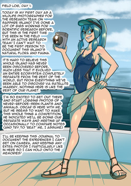 blue_hair camera clothing female footwear hair journal_entry narration one-piece_swimsuit sandals shoes solo sun_visor swimwear text bakuhaku sapphire_safari jamie_(sapphire_safari) human mammal english_text hi_res