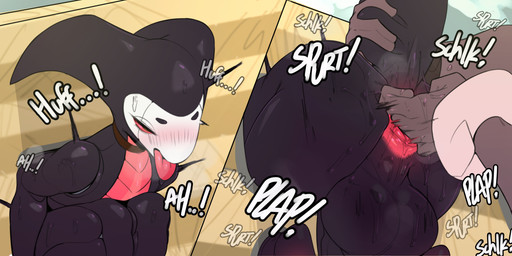 anal anal_fingering anthro backsack balls black_body black_exoskeleton blush contact_onomatopoeia disembodied_hand duo exoskeleton fingering genitals impact_onomatopoeia male mostly_offscreen_character onomatopoeia plap solo_focus sound_effects tail tail_grab text through_wall tongue tongue_out doink_(artist) hollow_knight_(franchise) team_cherry church_(tasla_venhyle) fan_character arthropod insect hi_res nonbinary_(lore)