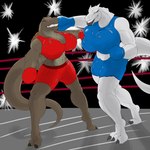 anthro big_breasts bottomwear boxing boxing_gloves bra breasts camera_flash clothing duo female fighting_ring handwear muscular muscular_female punch shorts sport sports_bra underwear pillowymounds jurassic_park jurassic_world universal_studios spinosaurus_(jurassic_park_3) dinosaur indominus_rex prehistoric_species reptile scalie spinosaurid spinosaurus theropod 1:1 hi_res